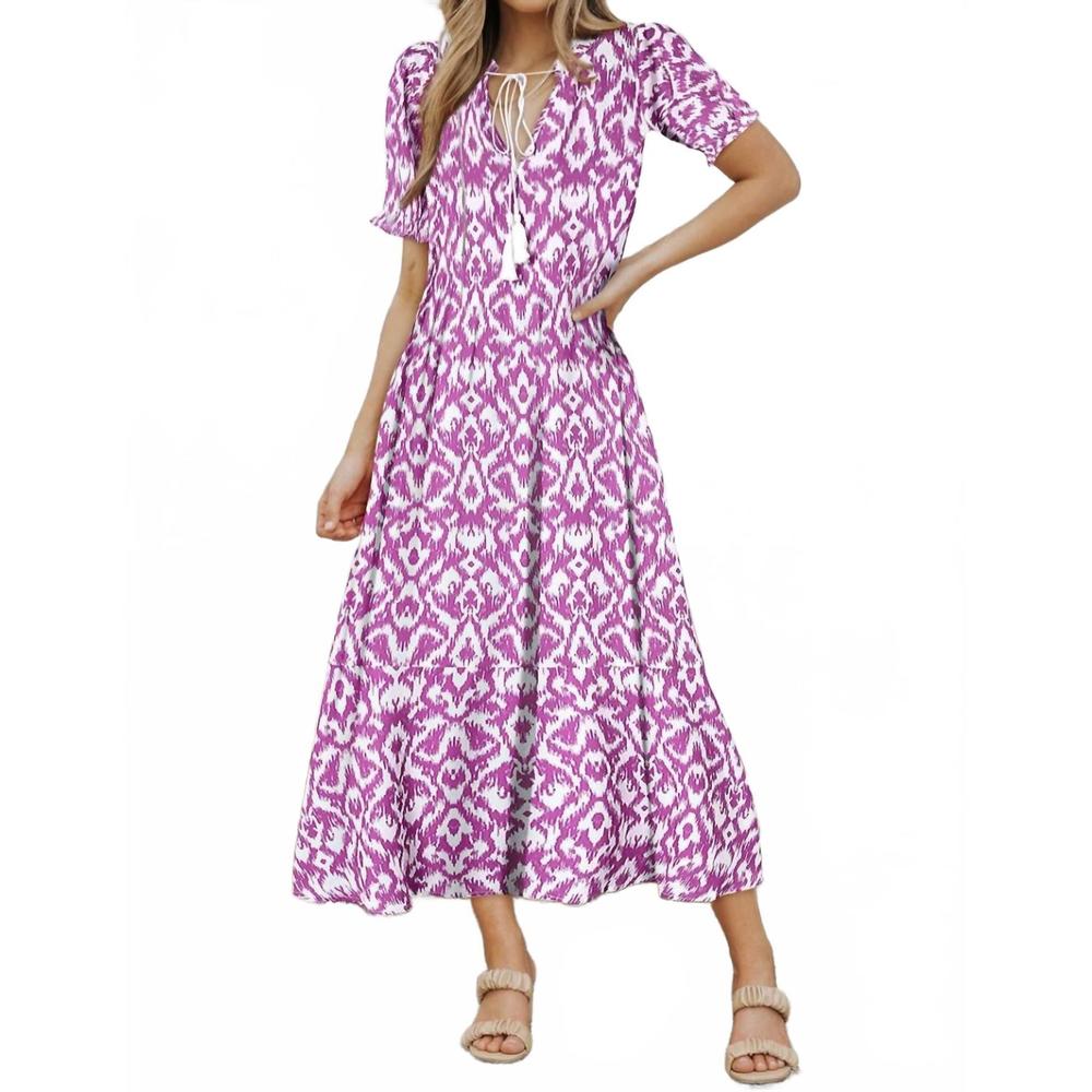 NEW DEAR LOVER pink v-neck geometric print maxi dress in purple